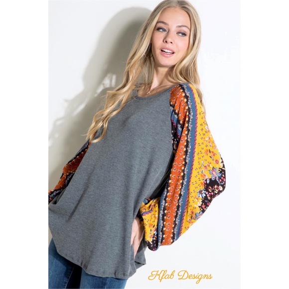 ❤️LAST 1! Boho Floral Mix Puff Sleeve Ribbed Knit Super Soft Top! - Picture 4 of 7